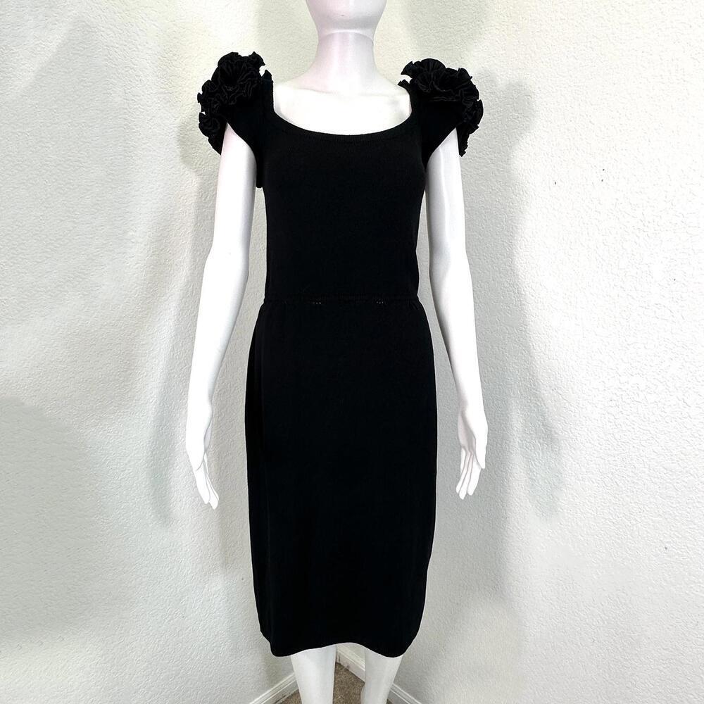 VTG St John Marie Gray Black Santana Knit Ruffle Flower Rhinestone Cocktail
